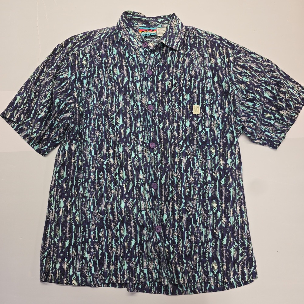 Vintage Rusty Mens Small Short Sleeve Abstract Print Button Up Shirt WM2659 Blue